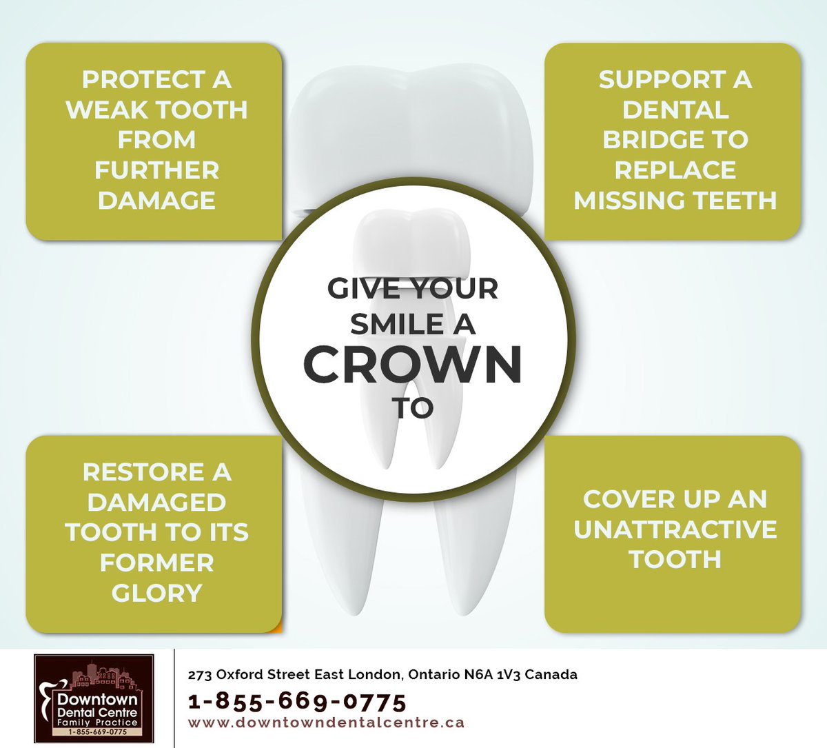 Your smile can benefit from a dental crown in many different ways. Downtown Dental Centre Family Practice provides custom-made, attractive dental crowns to elevate your smile. See more at downtowndentalcentre.ca #dentalcrown #damagedtooth