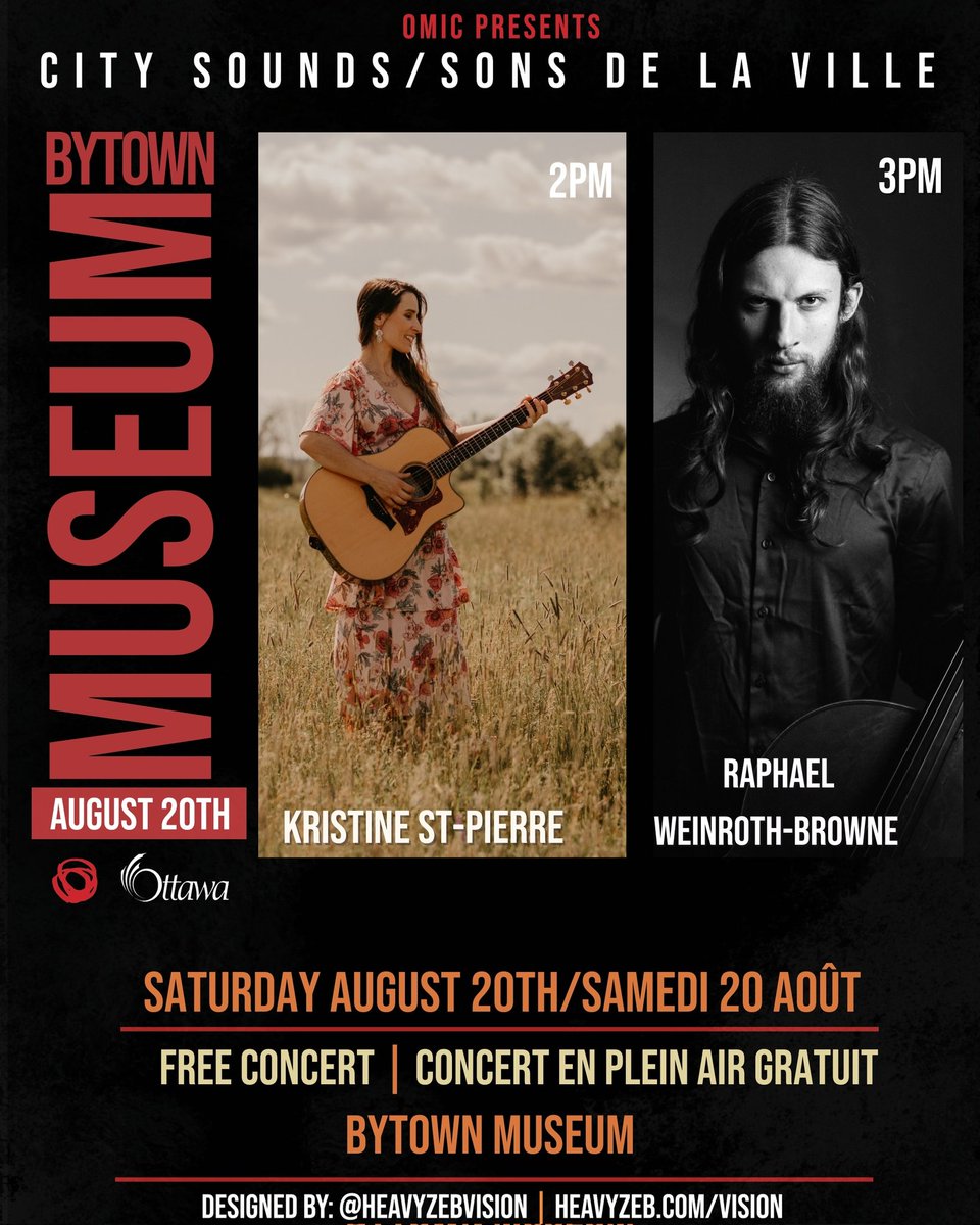 Kristine St-Pierre (@kstpierremusic) on Twitter photo SAT 20 AUG 🎶
Very excited to perform as part of #CitySounds!
And super lucky to have <a href="/raphcello/">Raphael Weinroth-Browne</a> and <a href="/nickjamesbeaton/">Nick James Beaton</a> joining me! We'll be on at 2pm, followed by <a href="/raphcello/">Raphael Weinroth-Browne</a> at 3pm!
Spectacle gratuit au <a href="/BytownMuseum/">BYTOWN MUSEUM</a> pour #Sonsdelaville organisé par @ottawamic! SAT 20 AUG 🎶
Very excited to perform as part of #CitySounds!
And super lucky to have <a href="/raphcello/">Raphael Weinroth-Browne</a> and <a href="/nickjamesbeaton/">Nick James Beaton</a> joining me! We'll be on at 2pm, followed by <a href="/raphcello/">Raphael Weinroth-Browne</a> at 3pm!
Spectacle gratuit au <a href="/BytownMuseum/">BYTOWN MUSEUM</a> pour #Sonsdelaville organisé par @ottawamic!