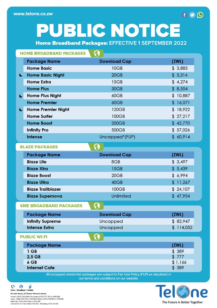 TelOneZW's tweet photo. Public Notice: TelOne Broadband Tariffs Effective 1 September 2022. https://t.co/o88fYictzQ