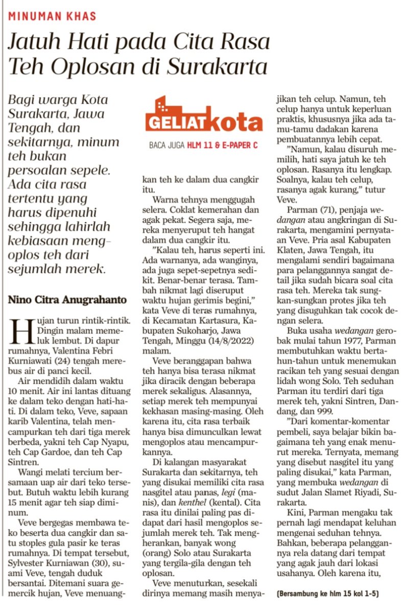 ninotulen's tweet image. Seperti kata om @blontankpoer, di Solo, urusan ngeteh tidak bisa dianggap remeh. Ada cita rasa yang diburu, yaitu nasgitel. Itu hanya bisa diperoleh lewat mengoplos teh dari beberapa merek. Selengkapnya simak ulasan saya di tautan berikut: kompas.id/baca/nusantara…