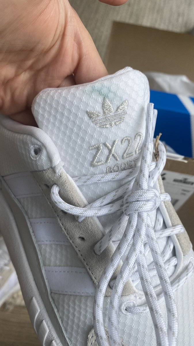 BethHDS's tweet photo. @adidas @adidasUK new pair of ZX22 have just arrived with a blue stain on the tongue. Is there any way you can send out another pair? Gutted because I was planning on wearing these this weekend?  😭😩 https://t.co/D9Kw9dbW7t