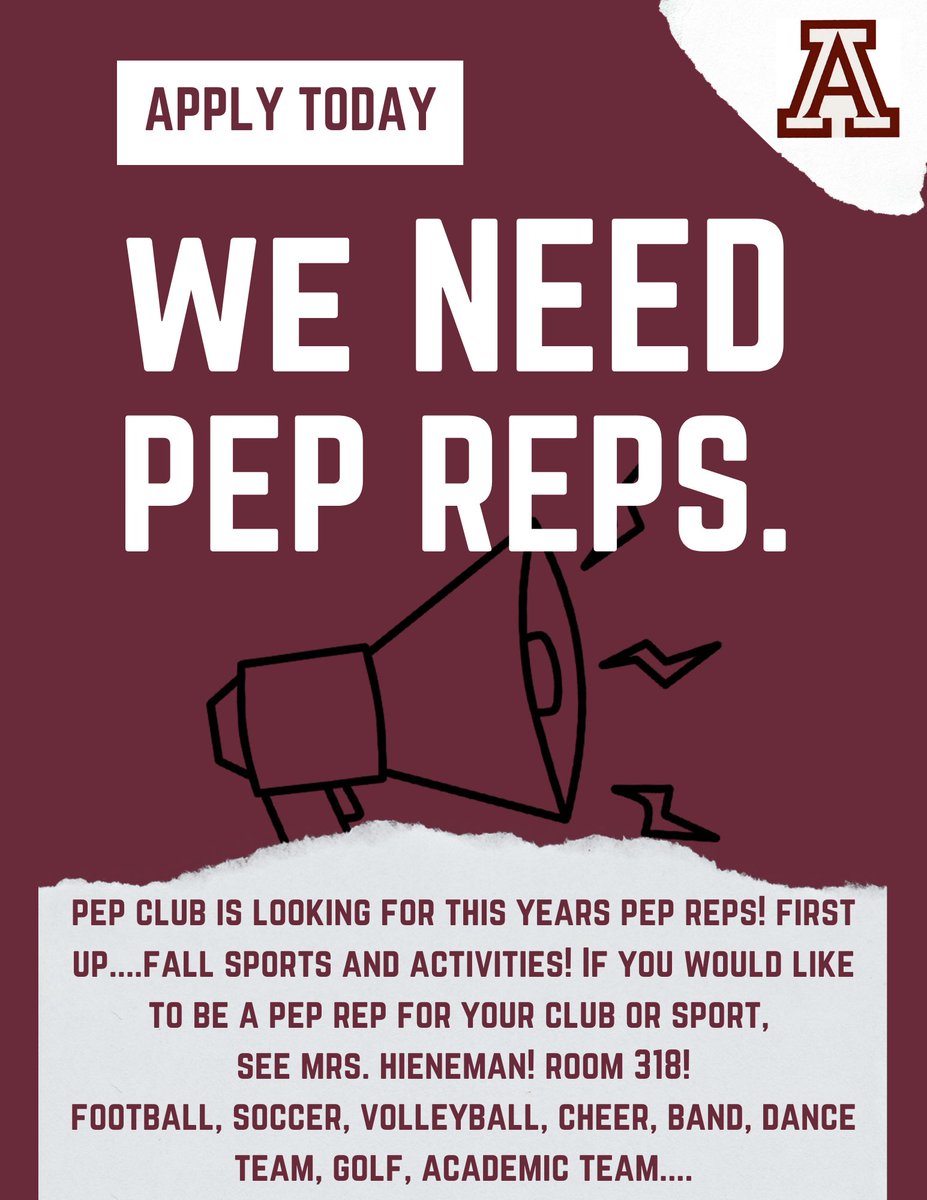 Want to show your school spirit and share your creative ideas? Become a Pep Rep! See Mrs. Hieneman to make it official!