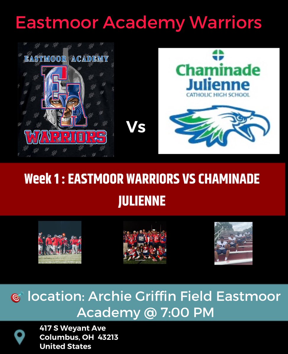Week 1 is here!!! 
Eastmoor Academy vs Julienne Chaminade 
🎯Archie Griffin Field Eastmoor Academy 

⏰ 7pm 

🎟: locallevelevents.com/events/org/eas…

Come out and support !!