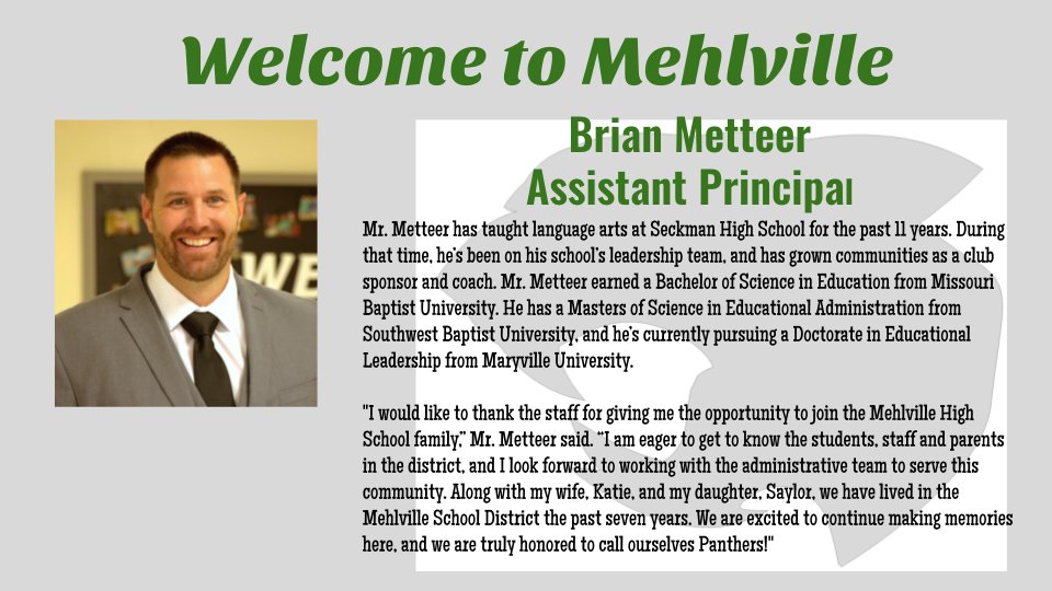 Mehlville_HS's tweet photo. Welcome Mrs. Metteer! #WelcometoMHS #WeAreMehlville #MSDR9 https://t.co/CjIANXXrTZ