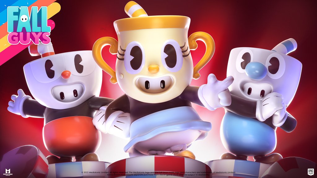 FG___network's tweet image. News: Fall Guys is collaborating with Cuphead once again. It features the return of the Cuphead and Mugman skins, as well as a new Ms. Chalice skin.
The skins will be available to purchase starting august 20th (tomorrow!)
#FallGuys #Cuphead #Mediatonic #EpicGames #News