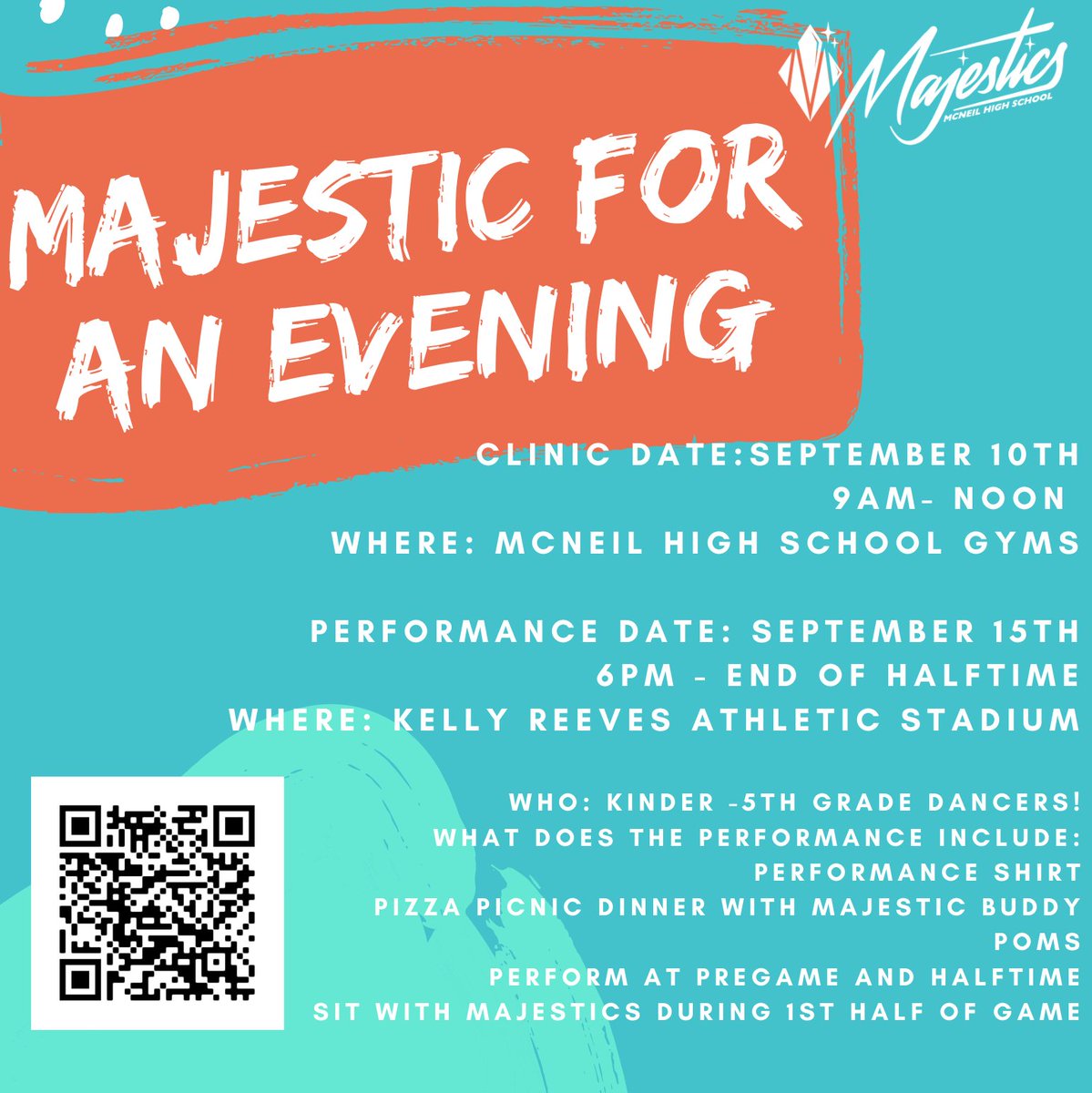 The <a href="/MHSMavs/">McNeil High School</a> <a href="/McNeilMajestics/">McNeil Majestics</a> invite elementary students to perform a halftime routine at a Varsity Football game! Details here: tinyurl.com/sep2022majesti…