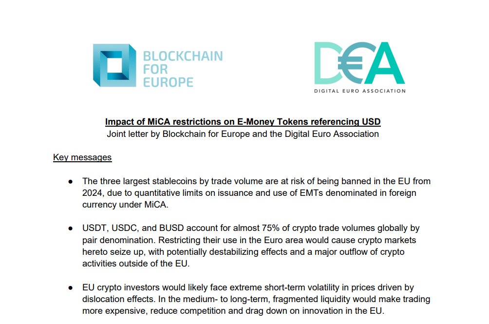 BlockchainforEU's tweet photo. BC4EU and @DigiEuro sent a letter to 🇪🇺@EUCouncil Financial Attaches on the current version of #MiCA possibly creating issues for EU consumers and businesses regarding #emoneytokens (EMTs) referencing USD.

See 🧵for highlights.
https://t.co/DZiefKpqLH
#cryptoregulation https://t.co/3M4mwOQdzw