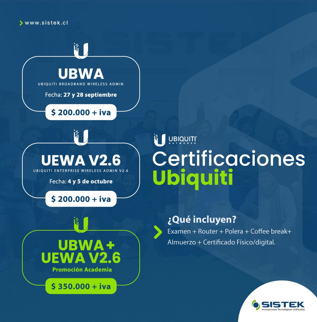 SistekChile's tweet photo. 🧠¡Actualiza tus conocimientos con esta promoción!
Capacítate en MTCNA | MTCTCE | UBWA | UEWA V2.6
¡Inscríbete ahora!
al ☎️ 22 751 9333 o a gcomercial@sistek.cl
#Sistek #academiasistek #Mikrotik #MTCTCE #MTCNA #UBWA #UEWAV26 https://t.co/n97aWbjmAW