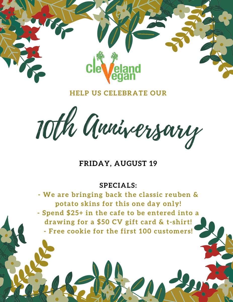 Help us Celebrate our 10th Anniversary today! The Reuben sandwich &amp; chipotle potato skins are back for one day only! Spend $25+ and get entered into a raffle for a  $50 gift card &amp; CV shirt!