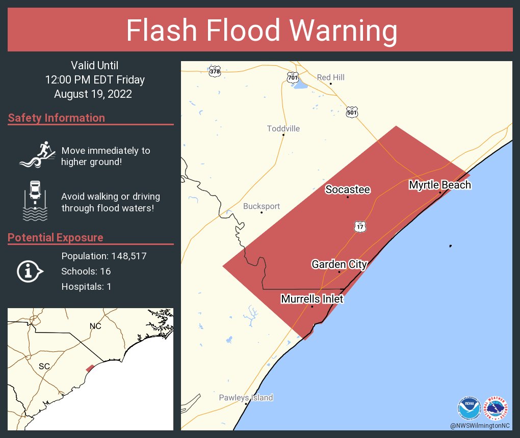 NWSWilmingtonNC's tweet photo. Flash Flood Warning including Myrtle Beach SC, Socastee SC and  Garden City SC until 12:00 PM EDT https://t.co/5qawt3V5Ix
