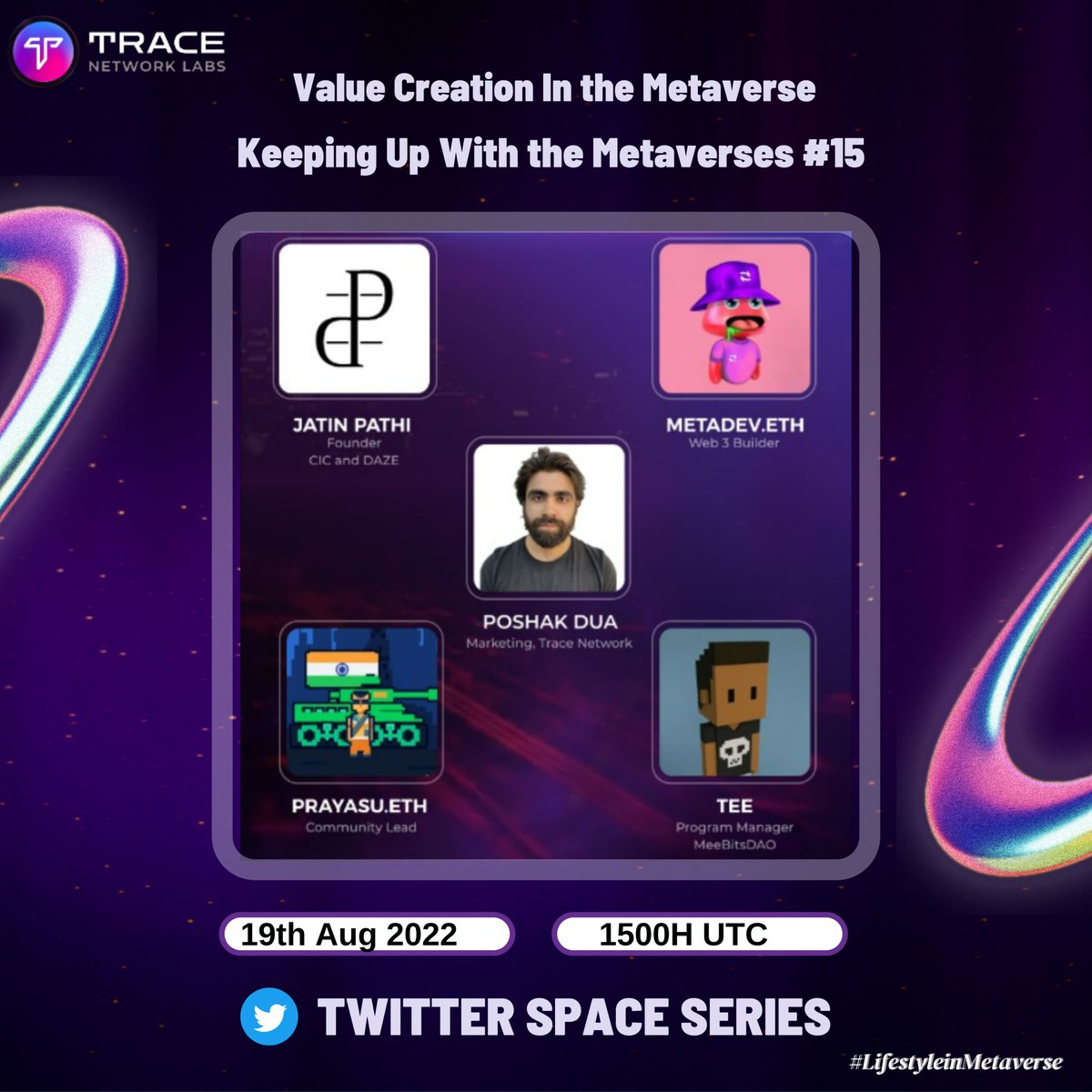 ⏰SET YOUR REMINDERS FOR THE METAVERSE !!

On the weekly discussion today i.e 19th of Aug at 3PM UTC, about "Value Creation In The #Metaverse"

▫️Venue:

#LifestyleInMetaverse #Spaces #Avatars  