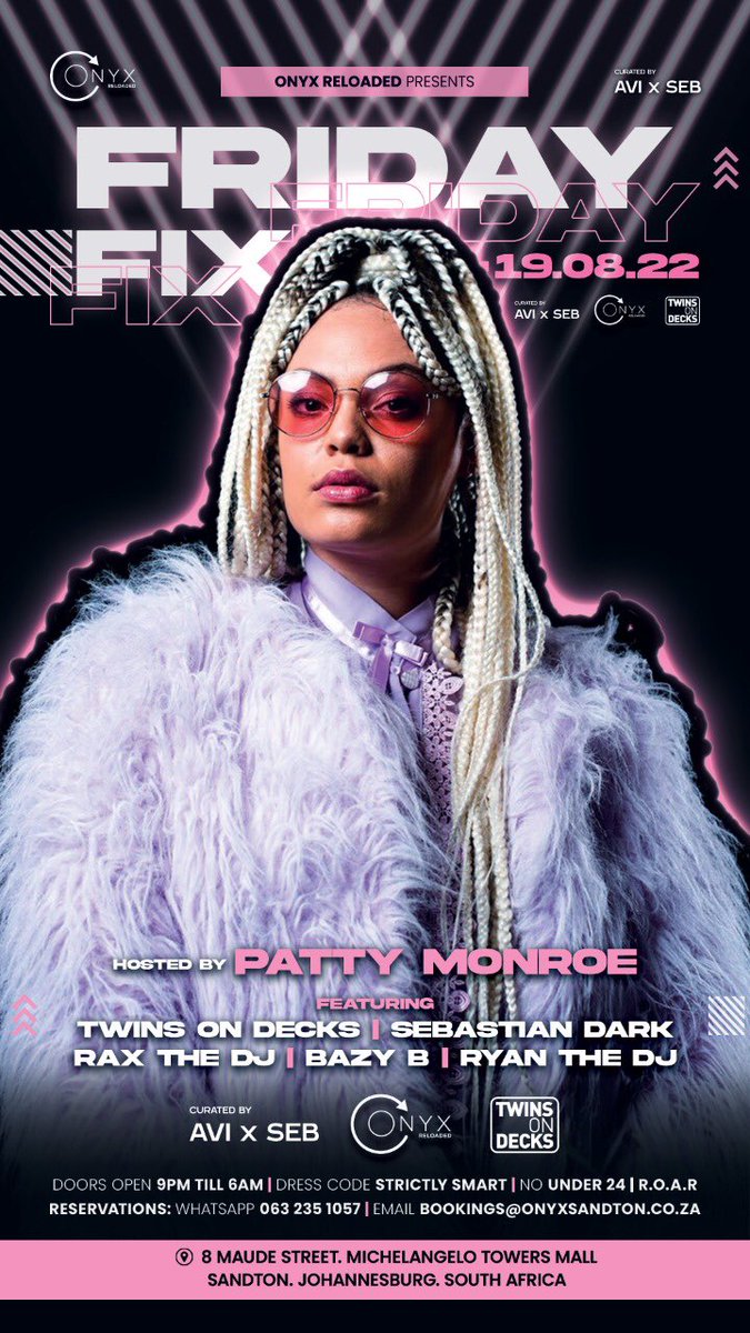 Perfect Timing ๐ฟ๐ถ OUT NOW๐ฟ๐ฆ (@misspattymonroe) on Twitter photo Whose joining me tonight at
ONYX โ๏ธ
The only place to be in Jozi this Friday Night ๐
Every week @avi_x_seb and the @twinsondecks curate us a special Hip Hop, R&B and House classics.
Tonight I get the pleasure of joining them.
๐๐ฝโ๏ธ๐ฎ๐งจ ๐ถ ๐ผ
Come check us out๐คฉ๐ฅณ๐คฉ๐๐ซถ๐ผ๐๐ฝ Whose joining me tonight at
ONYX โ๏ธ
The only place to be in Jozi this Friday Night ๐
Every week @avi_x_seb and the @twinsondecks curate us a special Hip Hop, R&B and House classics.
Tonight I get the pleasure of joining them.
๐๐ฝโ๏ธ๐ฎ๐งจ ๐ถ ๐ผ
Come check us out๐คฉ๐ฅณ๐คฉ๐๐ซถ๐ผ๐๐ฝ