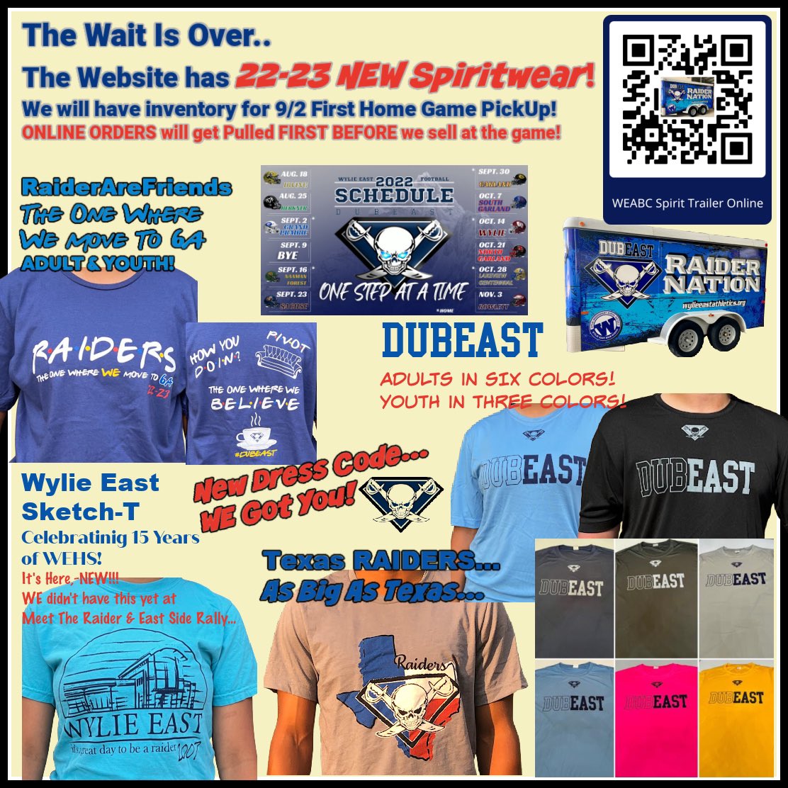 The Wait Is Over..
The Website has 22-23 NEW Spiritwear!  
We will have inventory for 9/2 First Home Game PickUp!  
ONLINE ORDERS will get Pulled FIRST BEFORE we sell at the game!
All available Sizes and Quantity are in the online inventory store.
Order Online NOW|