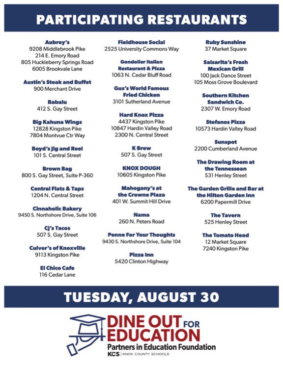 HallsMiddlePTA's tweet photo. Please help support Halls Middle School by dining out at participating restaurants on Tuesday, August 30! https://t.co/P99kAw33vi