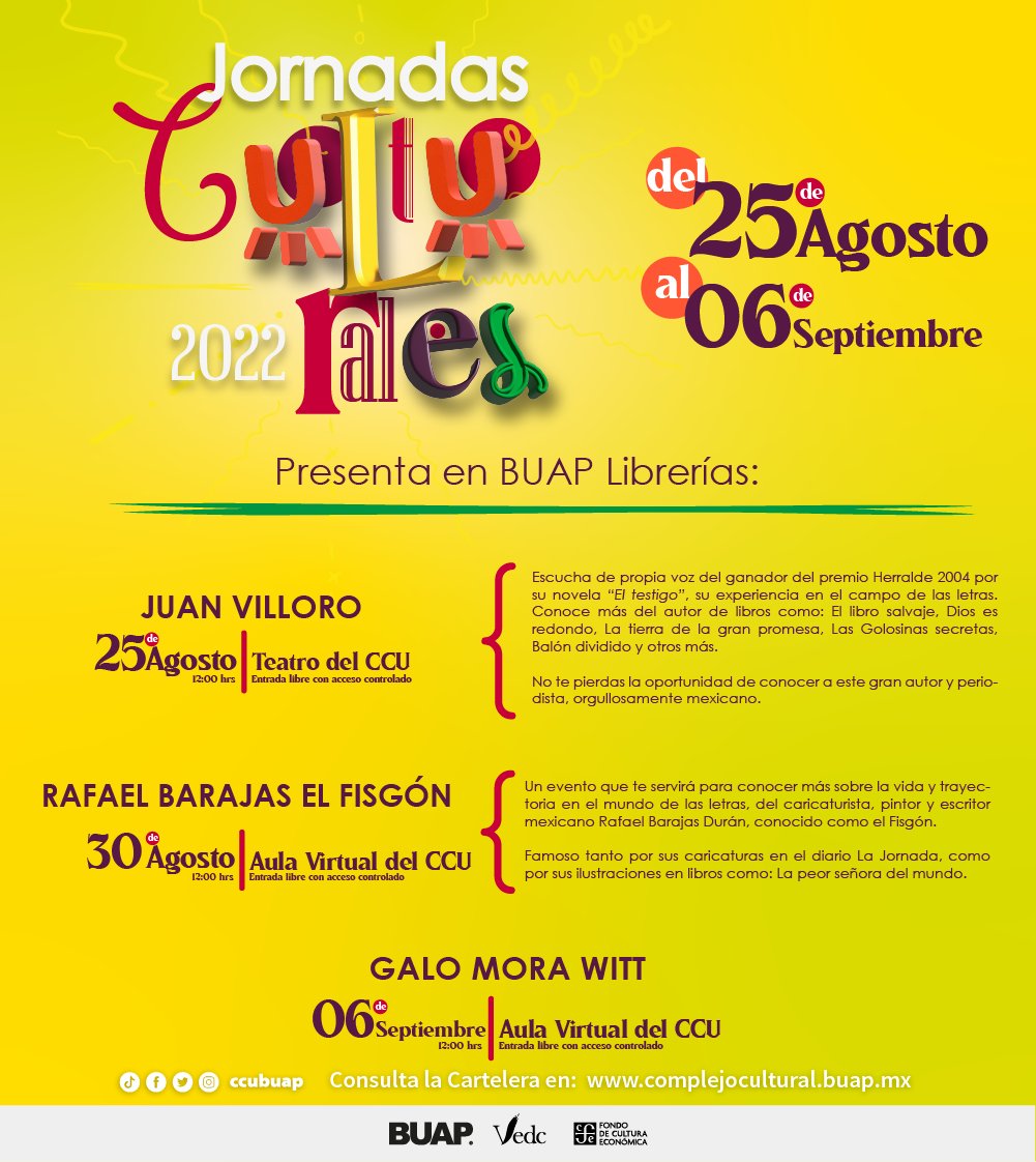 buaplibrerias's tweet image. BUAP Librerías y el Complejo Cultural Universitario te invitan a las #JornadasCulturales2022 🥳 a partir del 25 de Agosto📌. ¡No te lo pierdas! 
-
-
#CCUBUAP #BUAPLibrerías