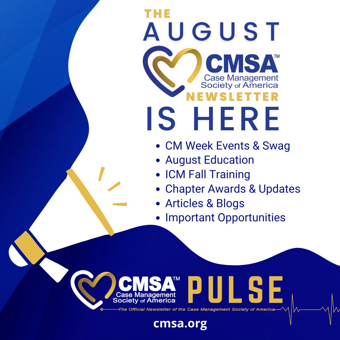 CMSANational's tweet image. Read the August #CMSAPulse Newsletter for all the info you need! bit.ly/CMSAPulseAug22 
CM Week Events &amp;amp; Swag
August Education (5 CEs)
ICM Fall Training + #CMWeek Discount (30 CEs)
Maternal/Child Health Articles
New Blogs
Important Opportunities
#CMSA #CaseManagement