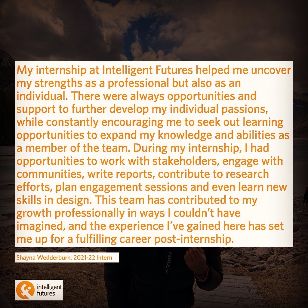 IntFutures's tweet image. Come join our team as an intern for the next year! Our teammate Shayna shares her internship experience here. Deadline to apply is Sunday, August 28th! Go to intelligentfutures.ca/opportunities to submit your application. 

#businessforgood #hiring #internship #changemaker