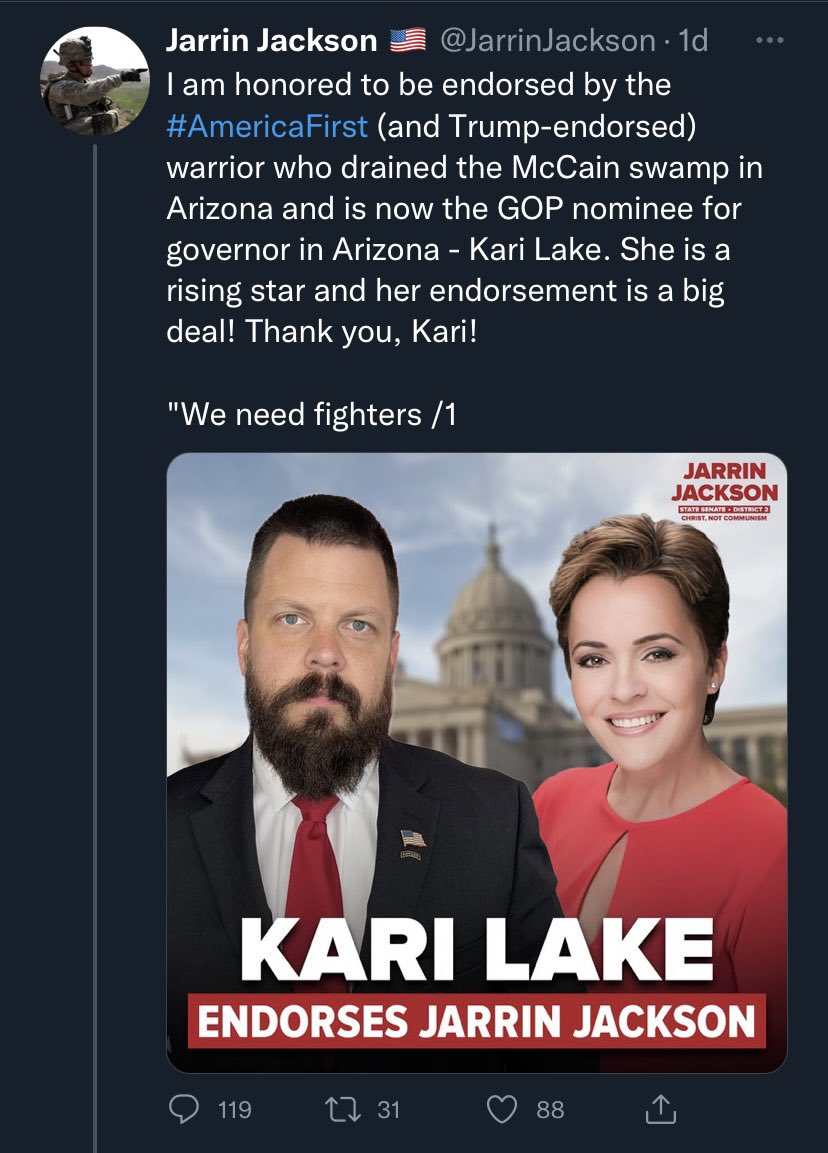 jeremyduda's tweet image. Oklahoma state Senate candidate @JarrinJackson, who says “Jews will go to hell,” “I’m not beholden to Jews or any other group” and “I ain’t owned by the Jews,” announced an endorsement  yesterday from @KariLake.