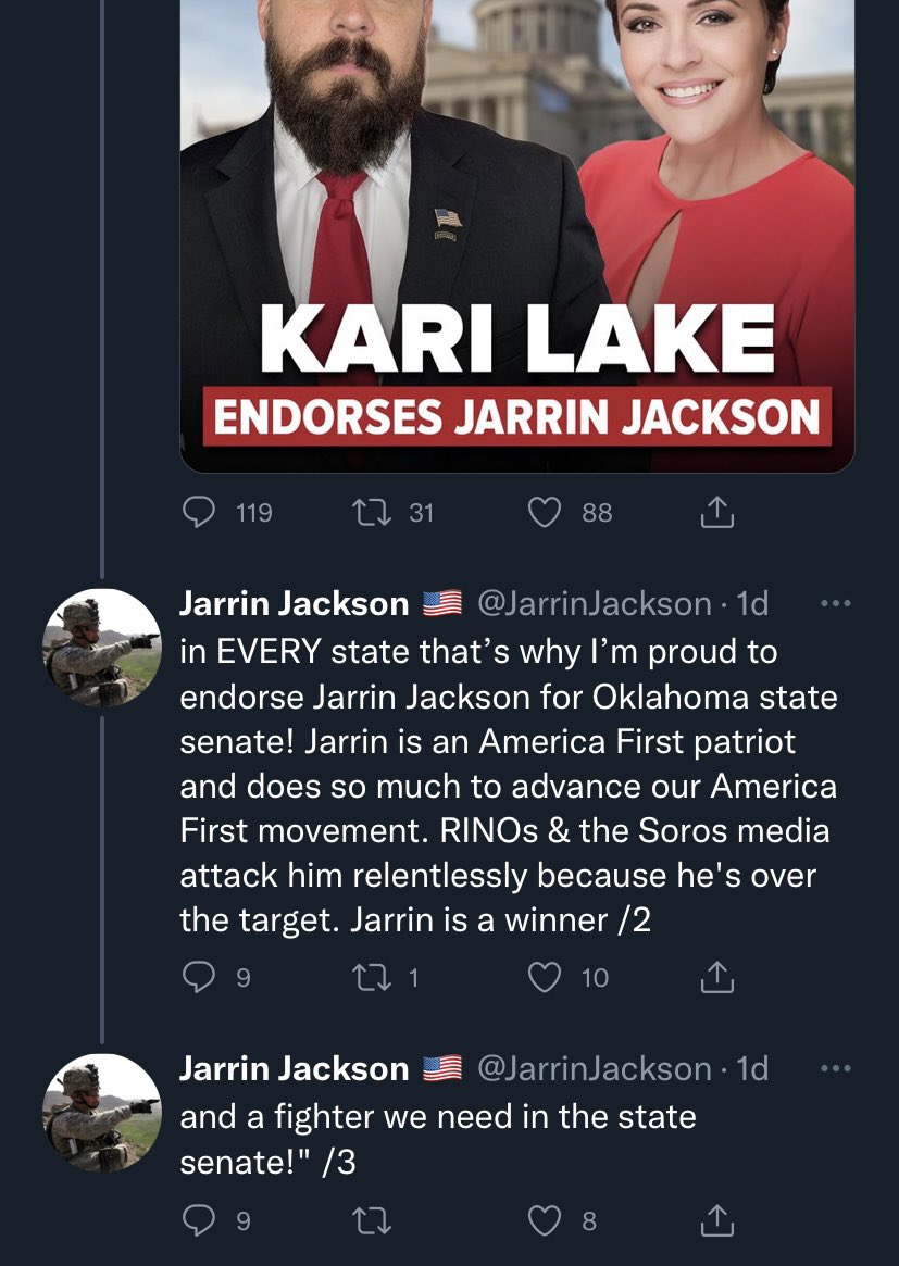 jeremyduda's tweet image. Oklahoma state Senate candidate @JarrinJackson, who says “Jews will go to hell,” “I’m not beholden to Jews or any other group” and “I ain’t owned by the Jews,” announced an endorsement  yesterday from @KariLake.