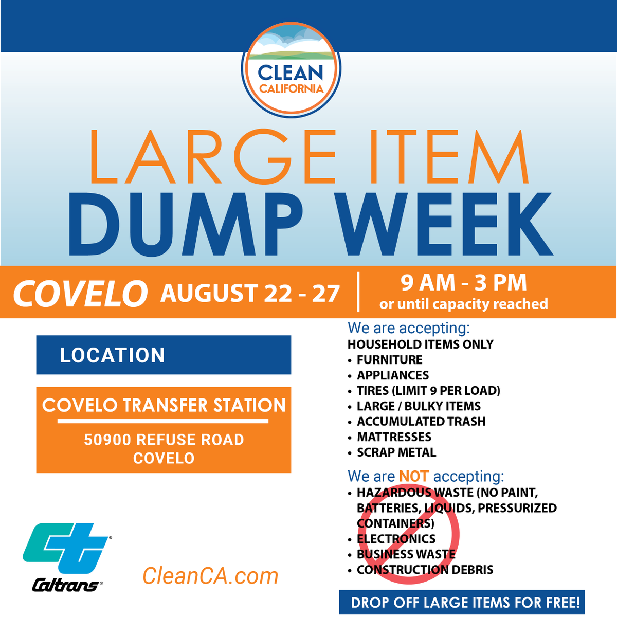 CaltransDist1's tweet photo. 📣 Starting tomorrow, Covelo! Bring your bulky items for free disposal.
🖱️https://t.co/yRabxq9kXP for details and https://t.co/wUEQWUCzdP for the program
#CleanCA #CleanHighways #CleanWater #DumpWeek #Covelo @countymendocino #SWOW #RVIT #RVAMAC @CaltransHQ @CAgovernor https://t.co/iEIXOcrl7i