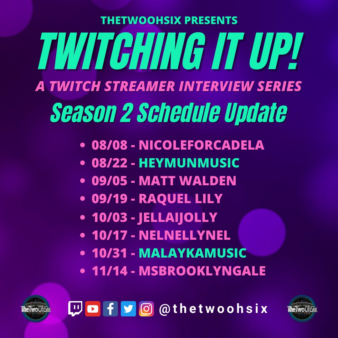 thetwoohsix's tweet photo. Twitching It Up Twitch streamer interview series!
Schedule Update:
Episode 2: @heymunmusic
Monday, August 22nd: 5:00pm PST
Episode 10: @MalaykaMusic
Monday, October 31st: 5:00pm PST
https://t.co/q5GBCXYJvp
@Twitch #TwitchingItUp #TwitchStreamer #TwitchInterviews #TheTwoOhSix https://t.co/SCnHKLkbE0