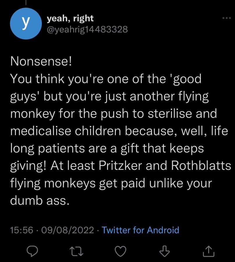 This transphobe accuses a trans person of being a “flying monkey” for Jewish trans women Jennifer Pritzker and Martine Rothblatt as part of a conspiracy to sterilize children.