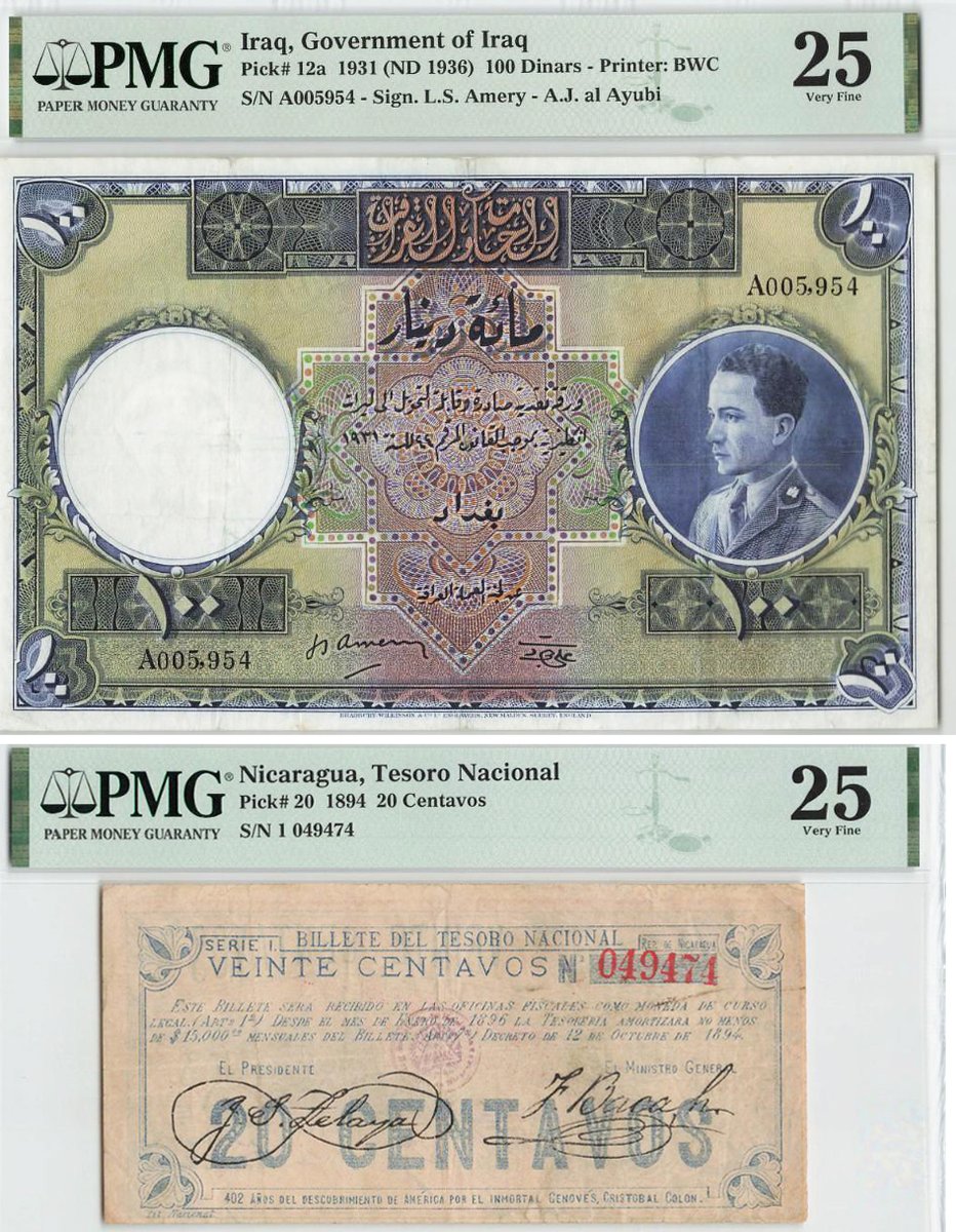 These notes from Iraq and Nicaragua each sold for over $10,000 in a World Banknote Auctions sale this month. Learn more and see additional highlights from this auction: PMGnotes.com/news/article/1… #worldpapermoney #papermoneycollecting #numismatics #currencycollector #iraq #nicaragua
