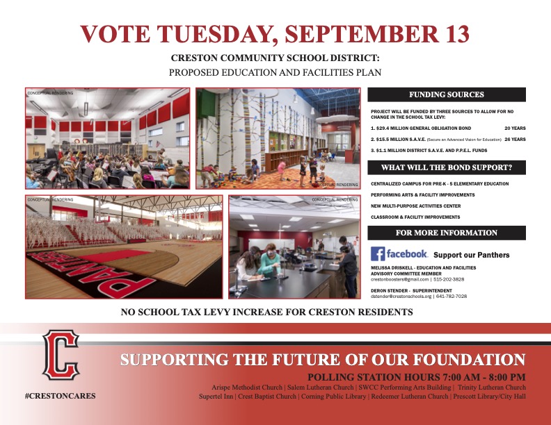 ‼️ Vote Tuesday, September 13, 2022 ‼️
🐾 Creston Community Schools: PROPOSED EDUCATION AND FACILITIES PLAN🐾
Supporting the Future of Our Foundation
Polling Station Hours: 7:00 AM-8:00 PM
#CrestonCares <a href="/ksibradio/">KSIB Radio</a> <a href="/crestonnews/">Creston News Advertiser</a>