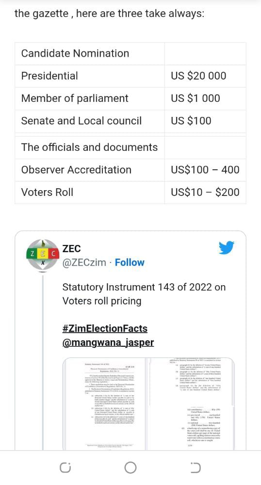 Excessive, undemocratic and unconstitutional. ZEC fails to appreciate that a ' free and fair' election starts from that being a candidate must not be unaffordable to an ordinary politician. The amounts MUST be substantially reduced. US$500K for a party to field ALL candidates?