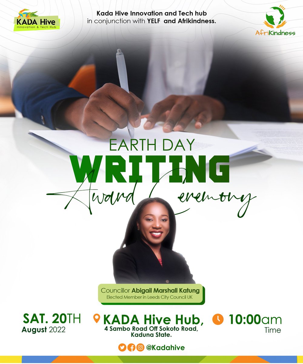 📢 🔊  The Earth Day Writing Award Ceremony holds at 10 am WAT tomorrow. Be a part of us via our Facebook channel using the link: bit.ly/3QSDDKM as we celebrate these young champions 🏆 🥇 

#Afrikindness #beaninspiration #earthday2022