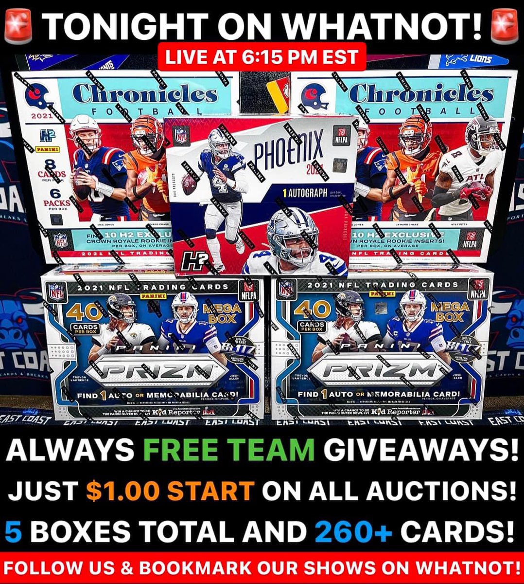 East_Coast_SCB's tweet photo. 🚨🏈TONIGHT ON WHATNOT!🏈🚨
6:15 PM EST, FREE TEAMS, $1.00 START BIDS! Do not miss it! Break is 5 total boxes and 260+ Cards. All cards ship! An absolute juicer for the price it will be! A fat pick 2 choose 1 price too will be available! Link in bio! See ya there! 😈💣🏈🔥💪🏼 https://t.co/vHcMwrjDjF