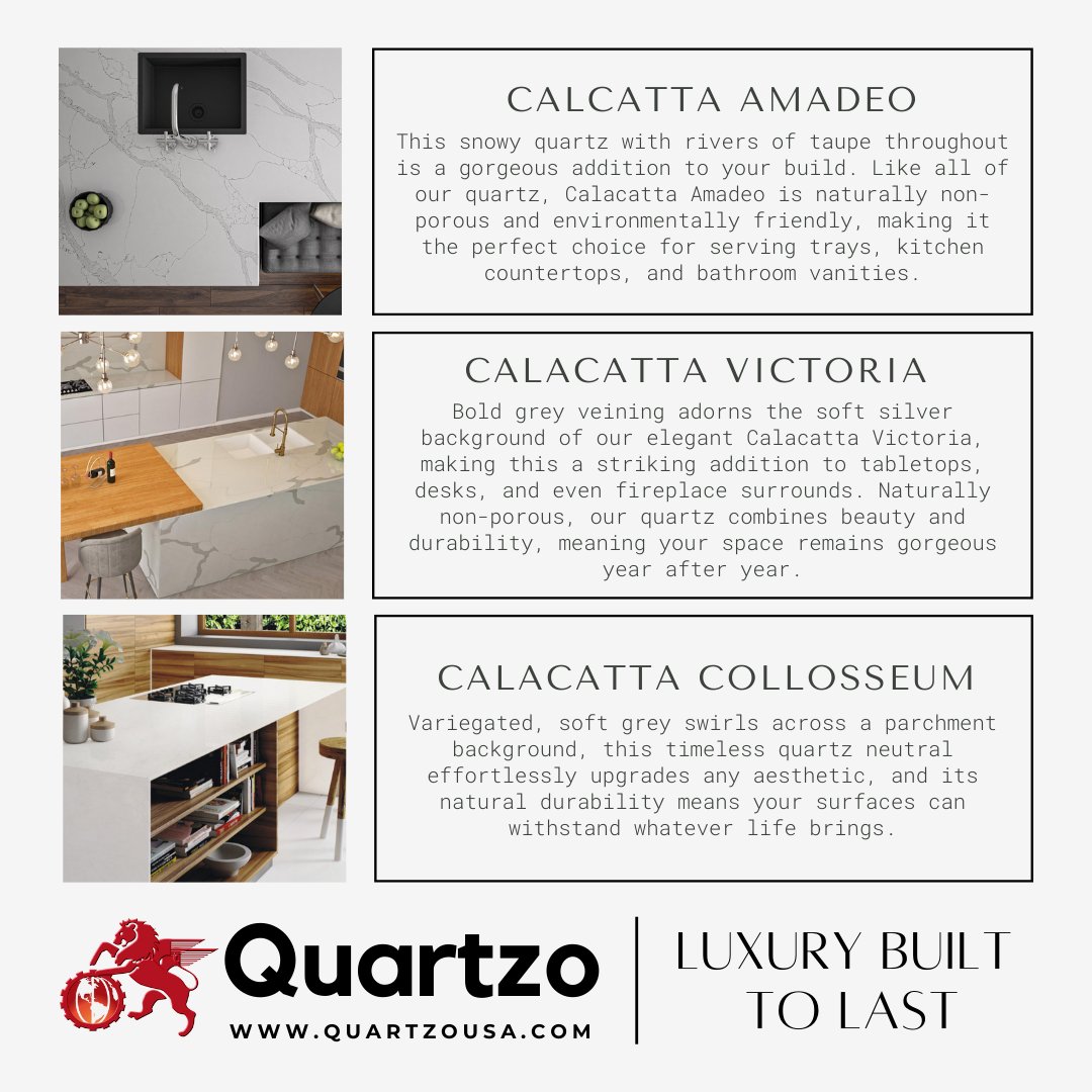 Make your build beautiful with our gorgeous #Calacatta #quartz surfaces. Visit our website to see our full product line, and schedule your free, no-obligation consultation today. #stone #luxury #florida #luxurykitchen #luxurydesign #luxurybathroom #bathroomdesign #kitchendesign