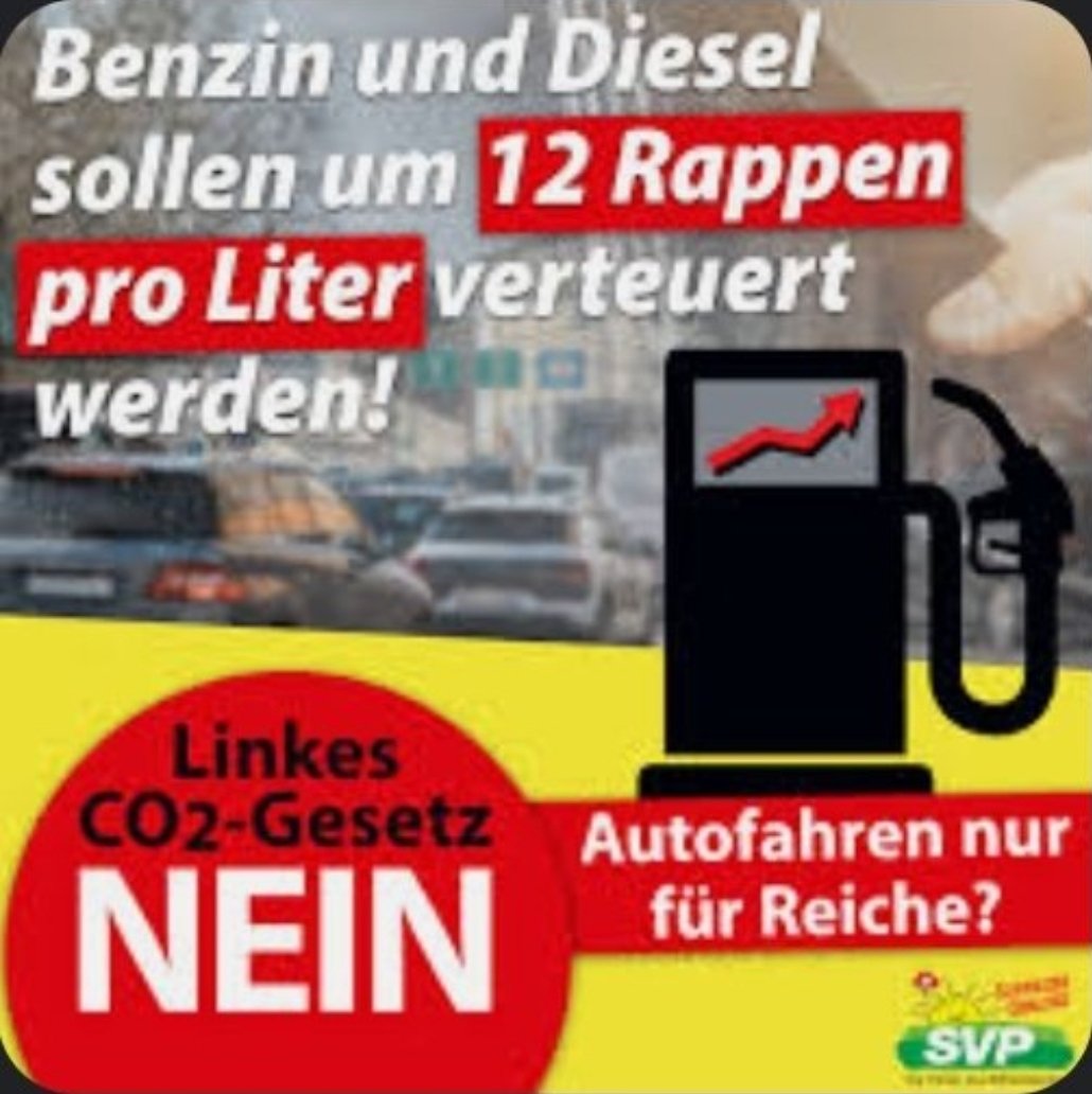 Als dieses Plakat überall hing, kostete Benzin ca. CHF 1.70.

Wir müssen jetzt extrem aufpassen, dass der Benzinpreis nicht wieder auf CHF 1.82 fällt, da sich dann nur noch Reiche Autofahren leisten können.