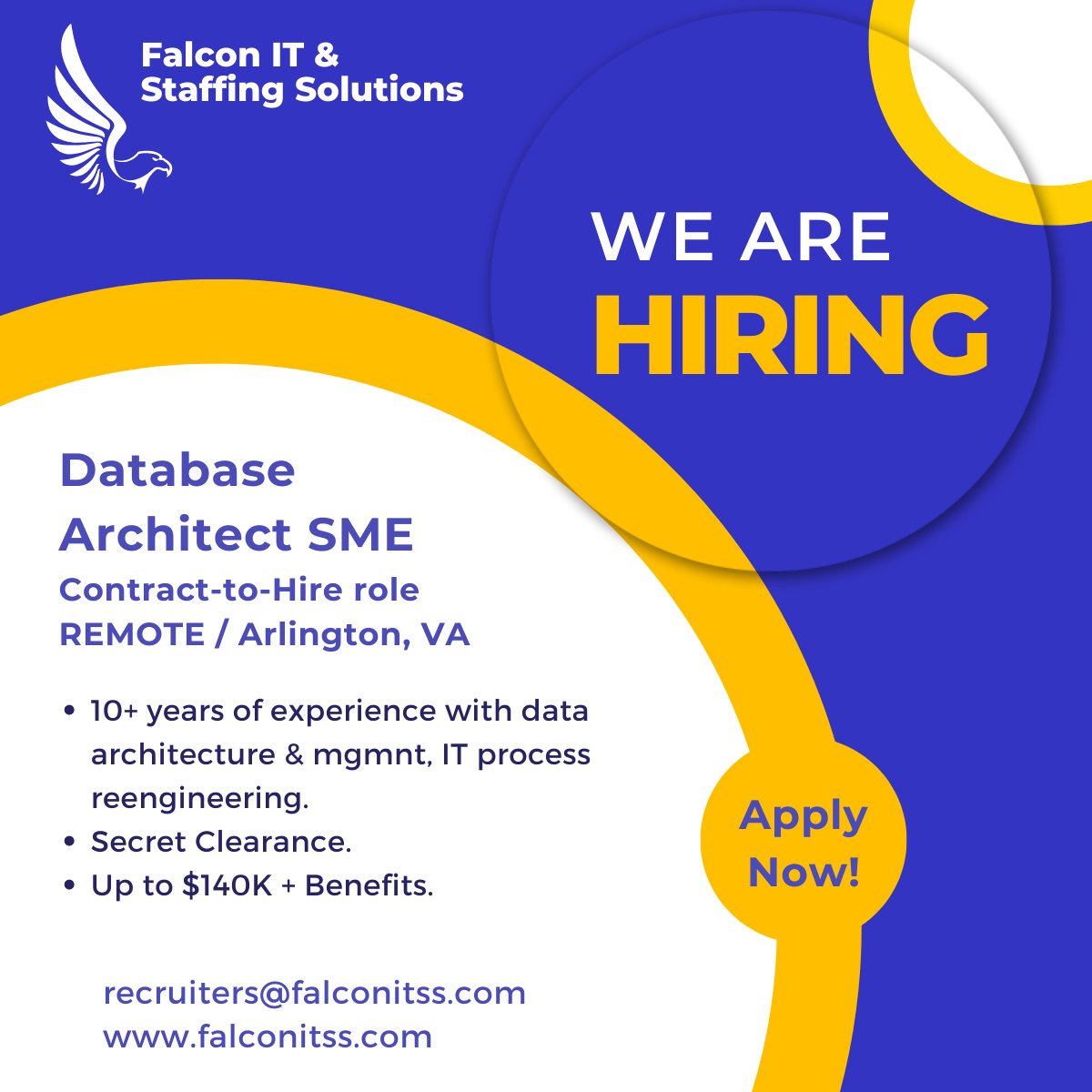 FalconITSS's tweet image. We're #hiring a Database Architect Subject Matter Expert. APPLY NOW!
🔜 Send us your resume to recruiters@falconitss.com.
📍 Location: REMOTE / Arlington, VA
💰 Salary: Up to $140K + Benefits. 
Apply online: bit.ly/3bonQEv
#databasearchitect #datamanagement #datajobs