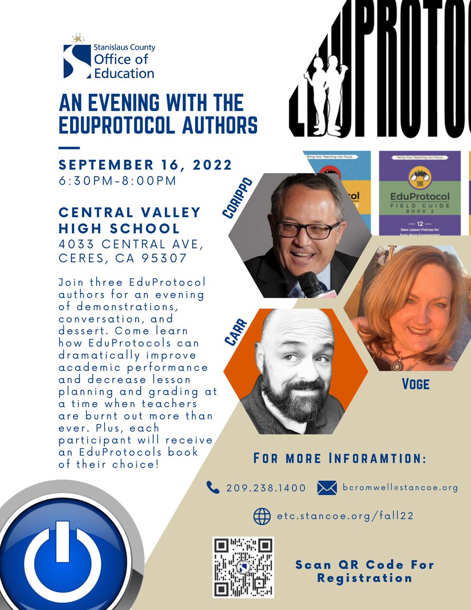 Join us for an evening with the #EDUProtocols authors event on Friday, September 16th. Dessert and a free EduProtocols book of your choice! Registration info: stanislaus.k12oms.org/1675-218209 #FallETC2022 etc.stancoe.org/fall22 @eduprotocols @jcorippo @KVoge71 @MrCarrOnTheWeb @CeresUSD