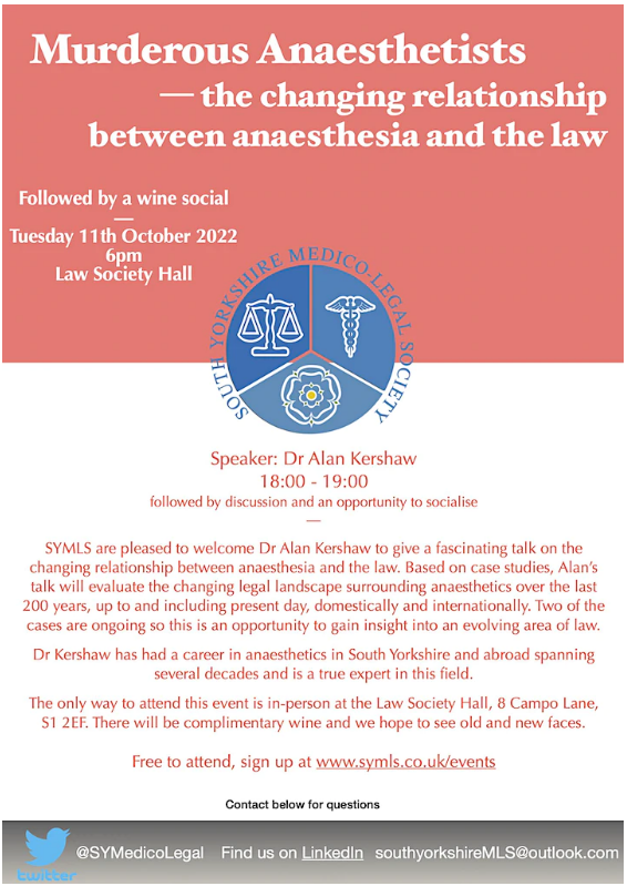 SYMedicoLegal's tweet photo. Another fascinating seminar coming up! This is one not to be missed - sign up now using the links provided below: 

https://t.co/pEK52gJlnK

#SYMLS https://t.co/JwbRCzKZv1