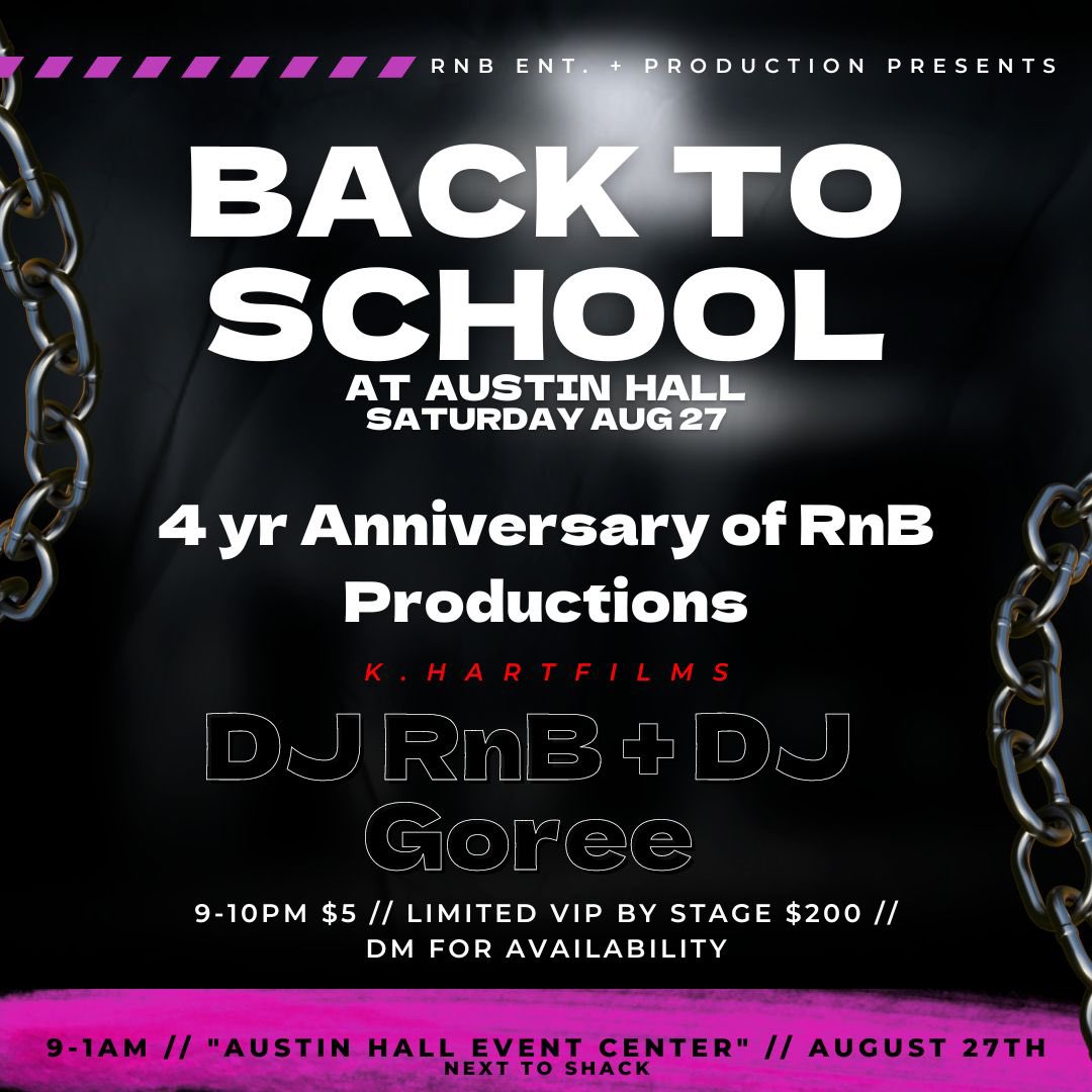 We’re pullin up to Austin hall next Saturday, Aug 27th, from 9-1am. 

RnB Productions turns 4 yrs old! I’ve never celebrated it, but this year feels like a damn good year to start. 

$5 from 9-10pm and limited VIP by the stage. 
<a href="/aDjNamedGoree/">Goree</a> <a href="/DJRnB_/">Robert Breitenstein</a> <a href="/ShackNac/">Still Shack</a>