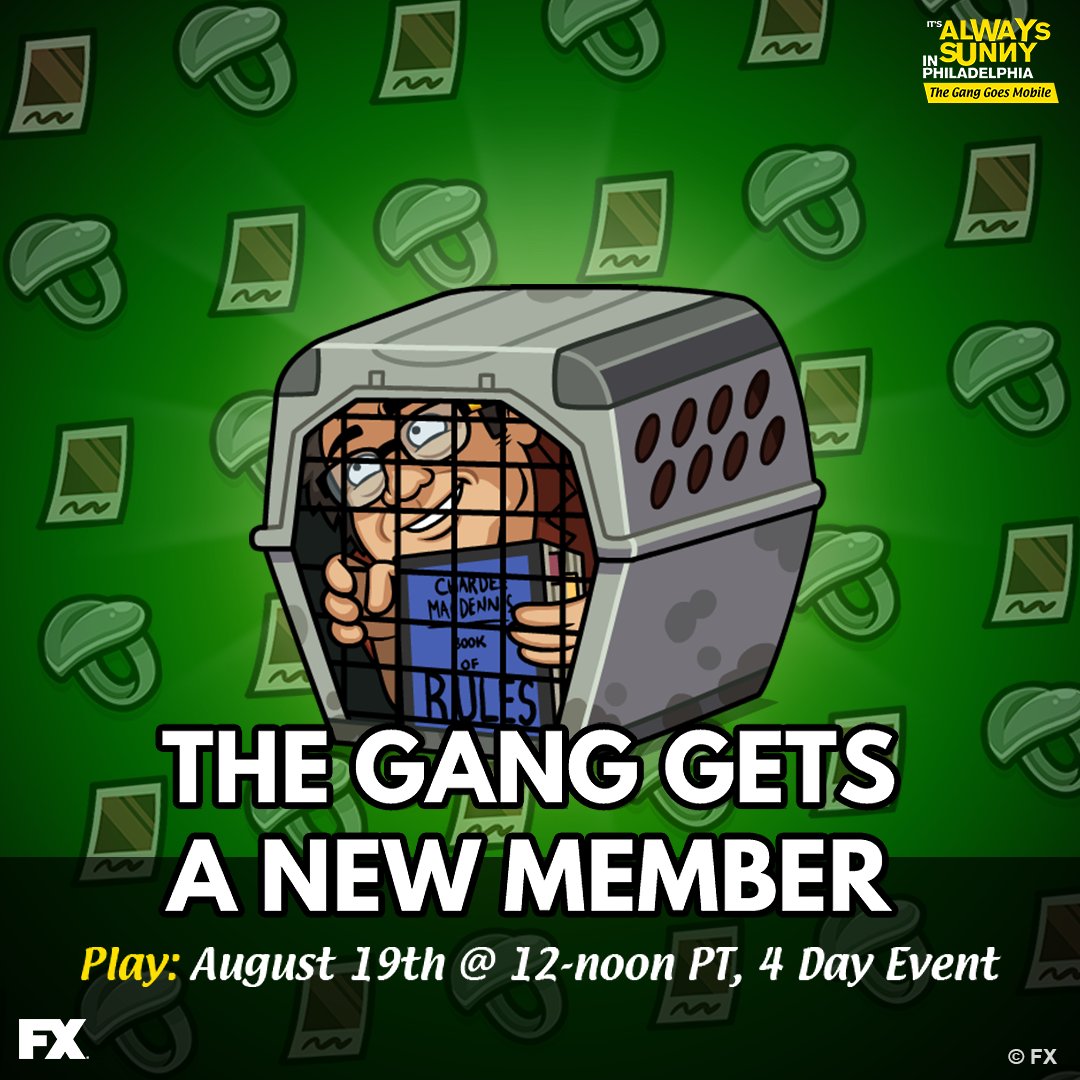 AlwaysSunnyGame's tweet image. Crack open a cold one (and by "cold one", we mean a time capsule) with the Gang and join us today in "The Gang Gets a New Member!" Play in this 4-day Event and unlock Jail Frank