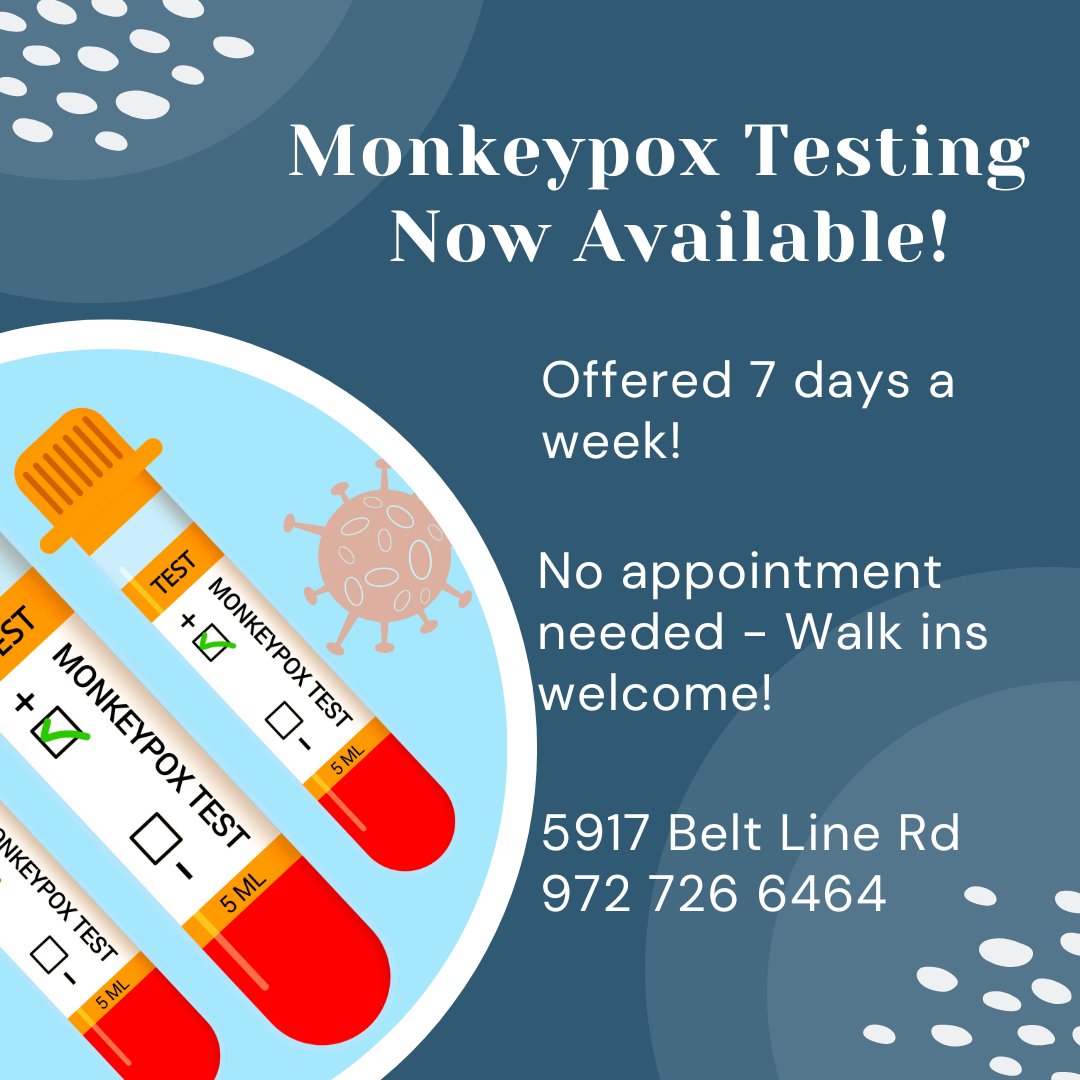 As always, we are here to offer the services our community needs most! We now offer testing for Monkeypox - 7 days a week, no appointment needed. Stay safe!

#Monkeypox #Monkeypoxtesting