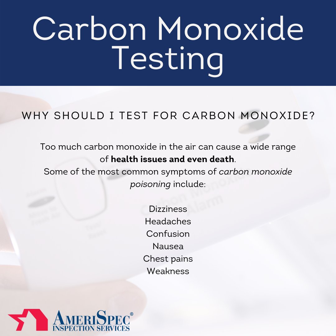 amerispec_oc's tweet photo. #CarbonMonoxideTesting
Too much carbon monoxide in the air can cause a wide range of health issues and even death.
Some of the most common symptoms of carbon monoxide poisoning include:

⚠️ Dizziness
⚠️ Headaches
⚠️ Confusion
⚠️ Nausea
⚠️ Chest pains
⚠️ Weakness https://t.co/9CRqakvV2N