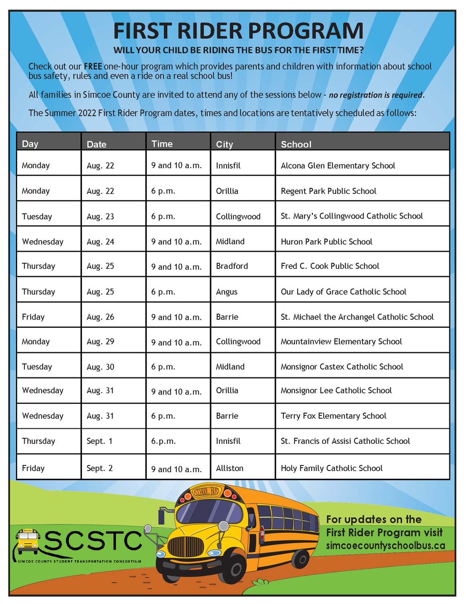 Will your child be riding the school bus for the first time? 

<a href="/SCSTC_SchoolBus/">SCSTC</a>'s First Rider Program starts next week! Check out this free program for information on bus safety, rules and even take a ride on a real school bus!

Details attached!