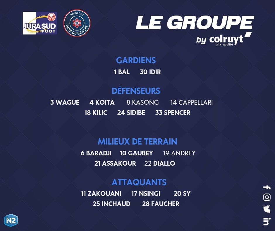 JuraSudFoot's tweet photo. [Championnat N2] 🔵⚪️

Groupe retenu pour le match de la 1ère journée

@JuraSudFoot Vs @RCPaysdeGrasse 

#N2

#jsffamily https://t.co/s2vYM7WK9j