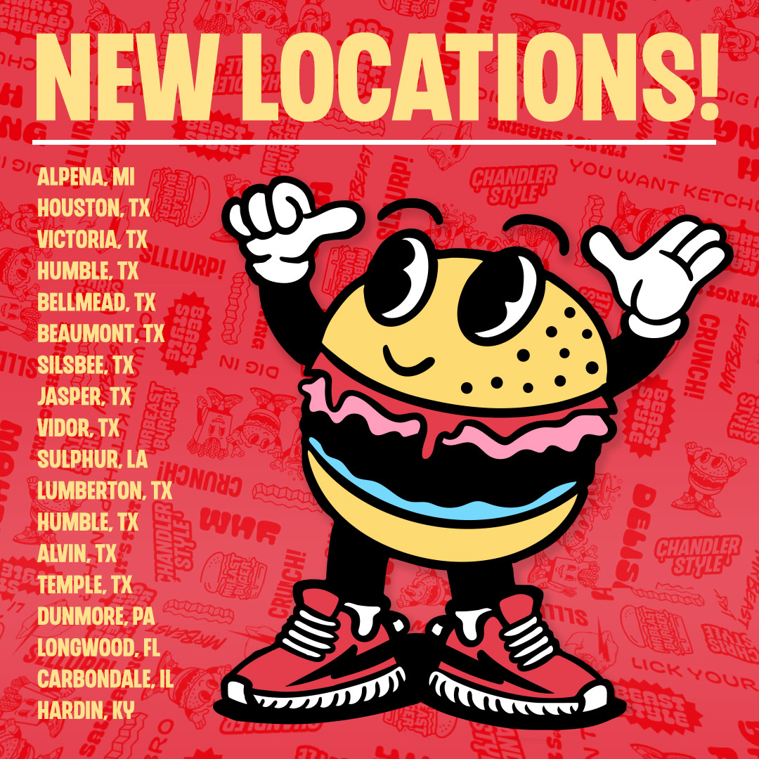 MrBeast Burger on X: more mrbeast burgers at a location near u 🔥 do u see  ur city? 🍔  / X