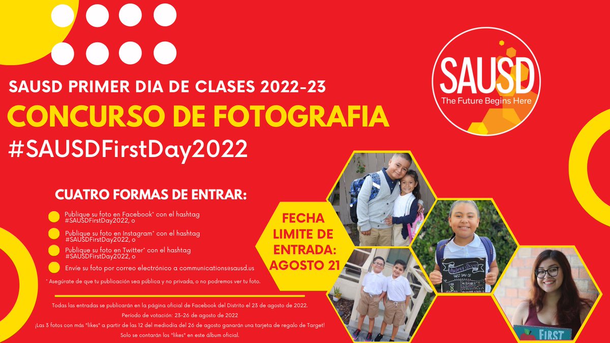 SantaAnaUSD's tweet photo. It's back to school time, and we want you to share your photos with us! Post your photo using the hashtag #SAUSDFirstDay2022 by Aug. 21, 2022 for a chance to win. See the flyers for full details.
#WeAreSAUSD #SAUSDBetterTogether https://t.co/YXV8x6CKAb