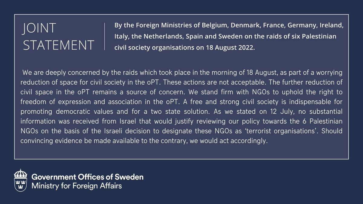 SweMFA's tweet photo. Statement by the Foreign Ministries of Belgium, Denmark, France, Germany, Ireland, Italy, the Netherlands, Spain and Sweden. https://t.co/smrsmY5nlC