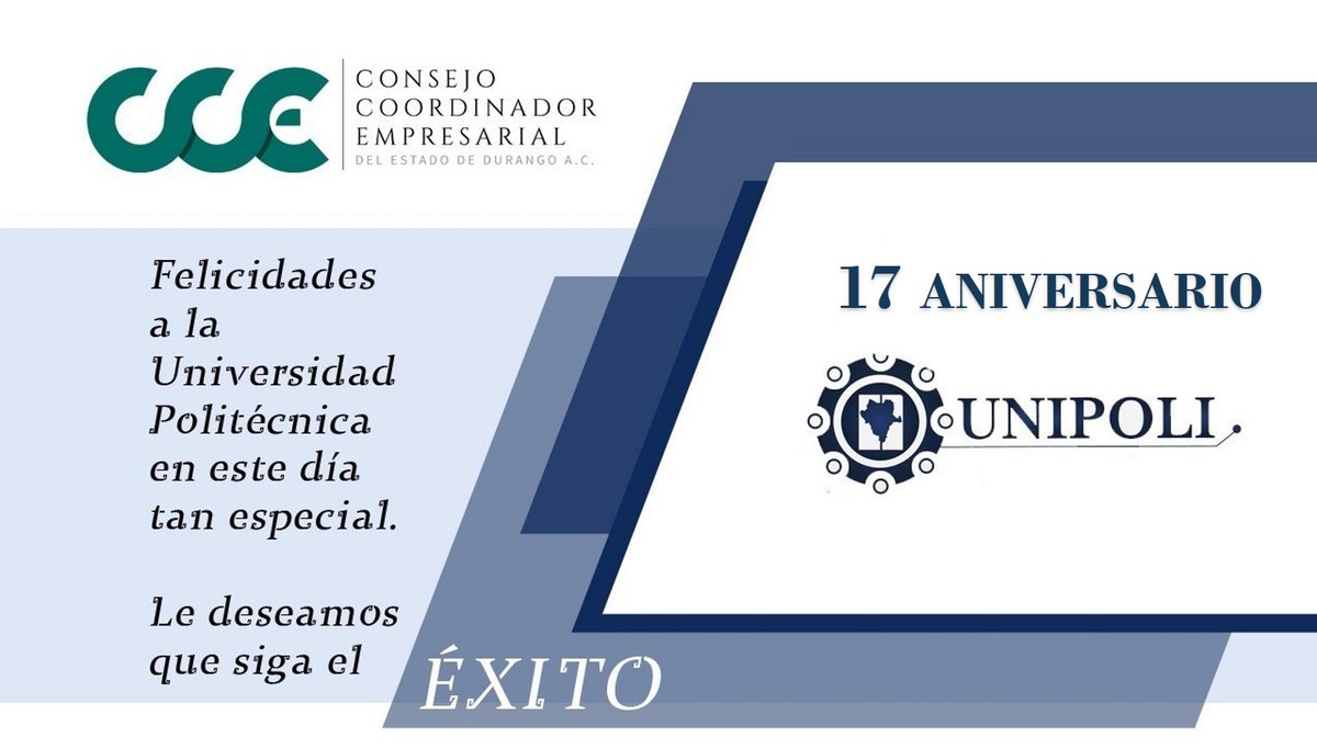 Nuestras felicitaciones a la <a href="/unipolidgo/">UNIPOLI Durango</a>  y al rector <a href="/FcoIbarraGuel/">Francisco Javier Ibarra Guel</a> por el 17 Aniversario de esta institución educativa,   brindando servicios de educación de calidad a nuestra juventud, aportando al desarrollo de nuestra sociedad.