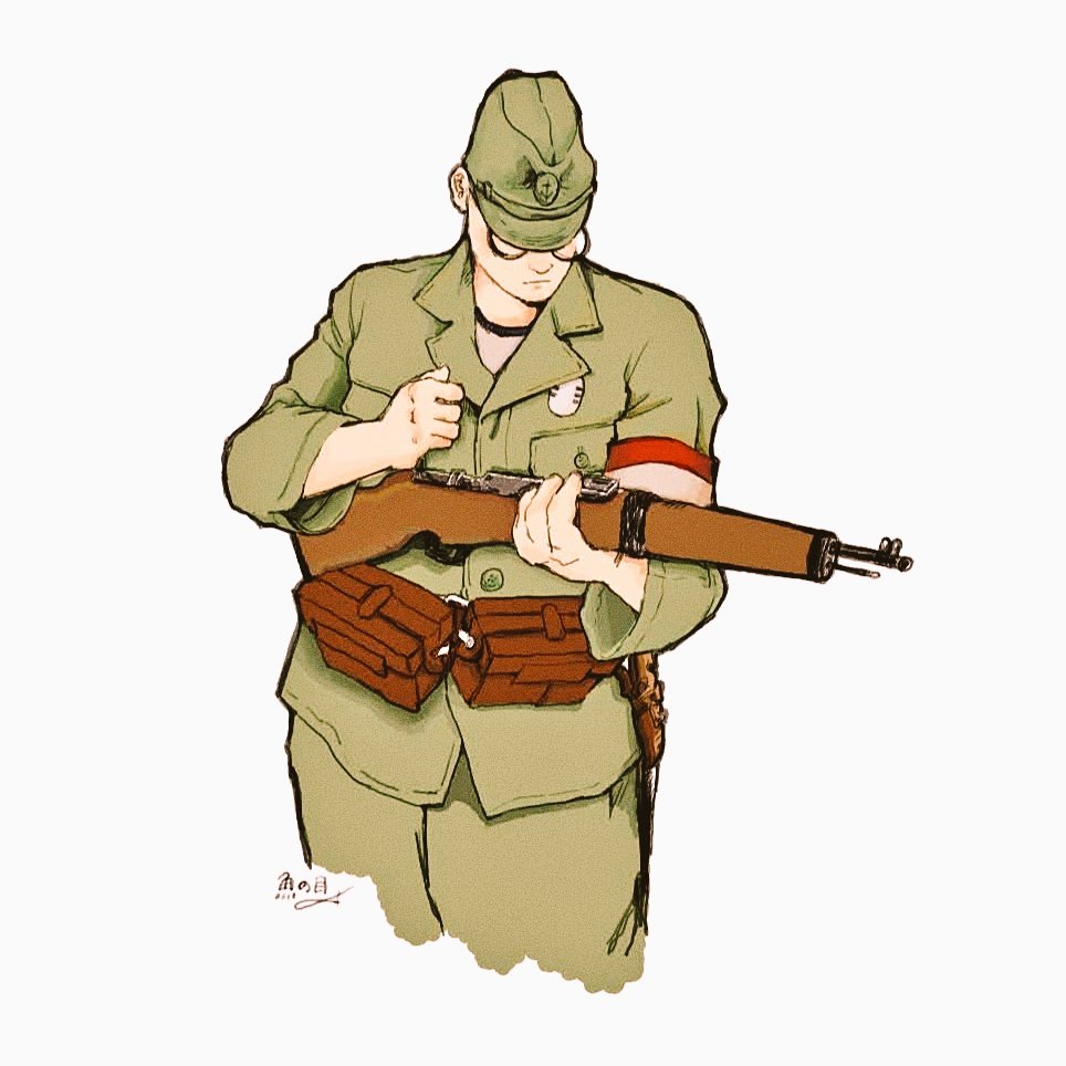 weapon gun solo 1boy hat male focus uniform  illustration images