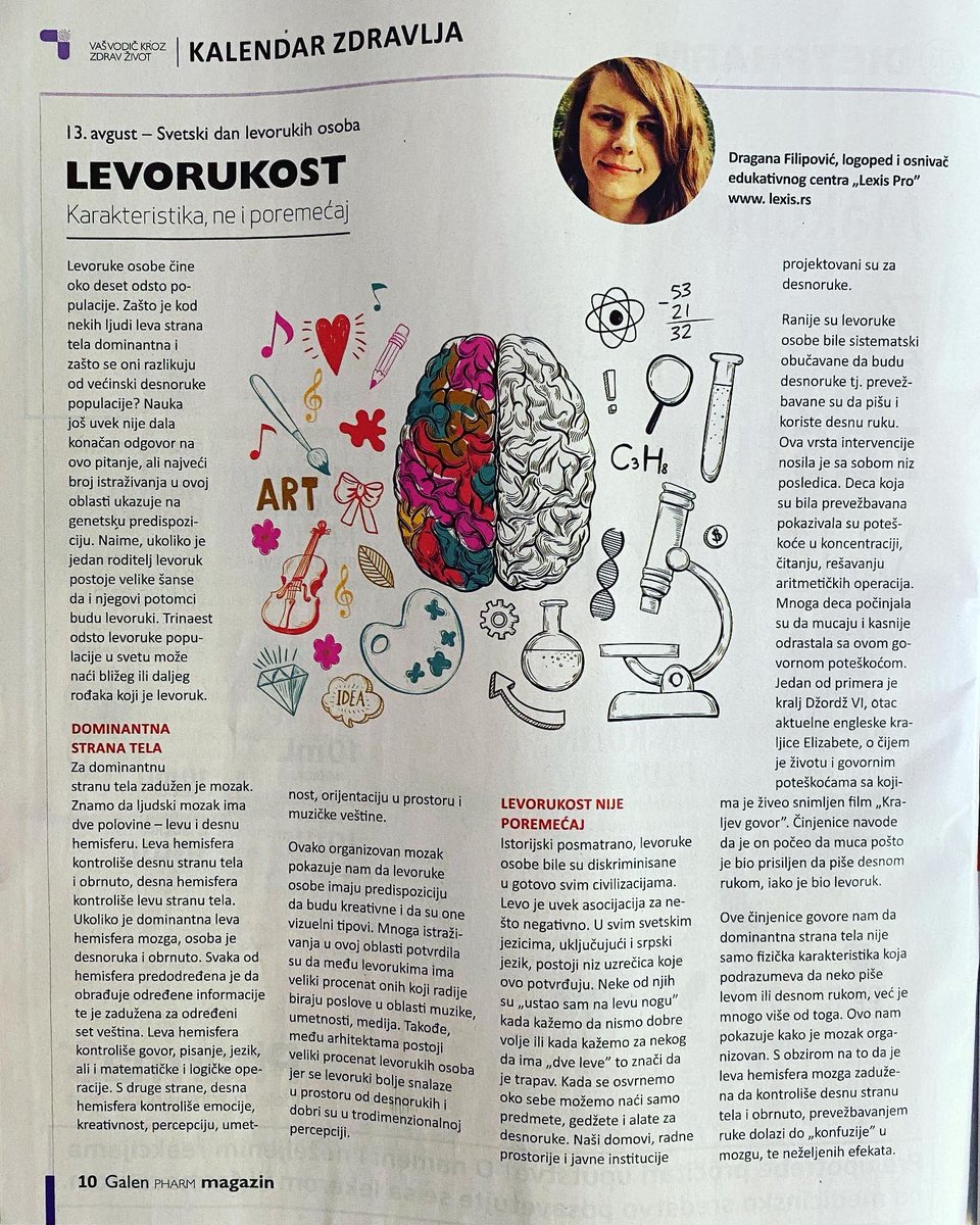 LogopedLexis's tweet photo. Jedan od tekstova sa našeg sajta posvećen levorukim osobama je povodom dana levorukih objavljen u magazinu “Galen”. Autorka: Dragana Filipović, dipl. defektolog - logoped
Više o temi: https://t.co/BIFj1E9oTd #logopedbeograd #logoped #levorukost https://t.co/Ra8hva54RE