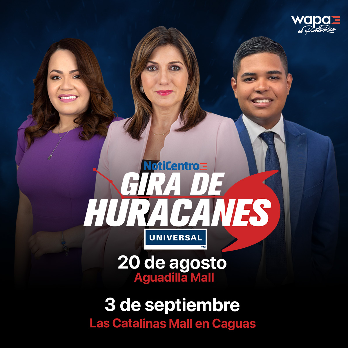 NoticentroWAPA's tweet photo. MAÑANA | Llegamos hasta Aguadilla Mall con la Gira de Huracanes de #NotiCentro y el #Ecoexploratorio. Acompaña al equipo de #TuTiempo @adamonzon, @SLopezTiempo y @carlosomartv. Accede https://t.co/W2z2OmFADJ para más https://t.co/q09Q1T9gQI