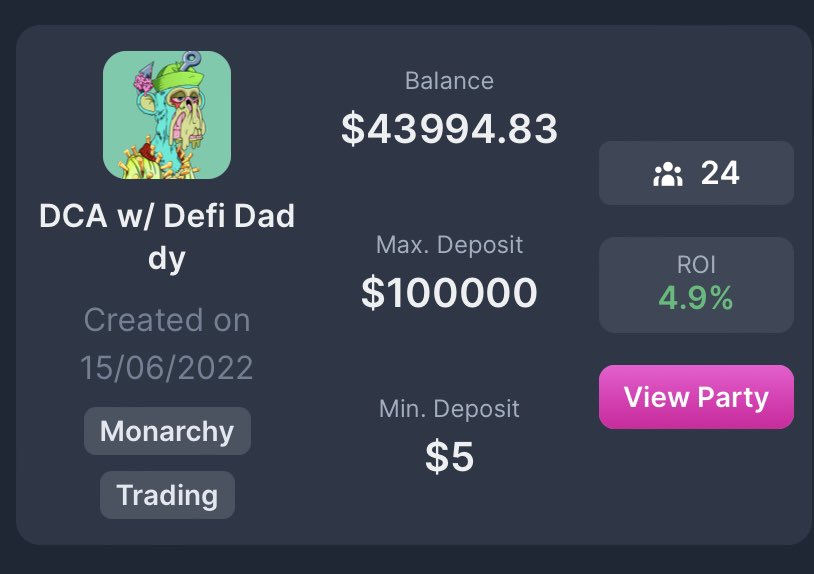 party_fi's tweet photo. RT! 

If you’re into #crypto and you’re not in this party, you’re doing it wrong ❌

Join 2 dozen people that have invested in this asset, a party that HODLs the most promising cryptocurrencies, existing solely to make you a profit.

DCA regularly.

https://t.co/9UZLhtdbPn

#DeFi https://t.co/PdDLTO7WNH